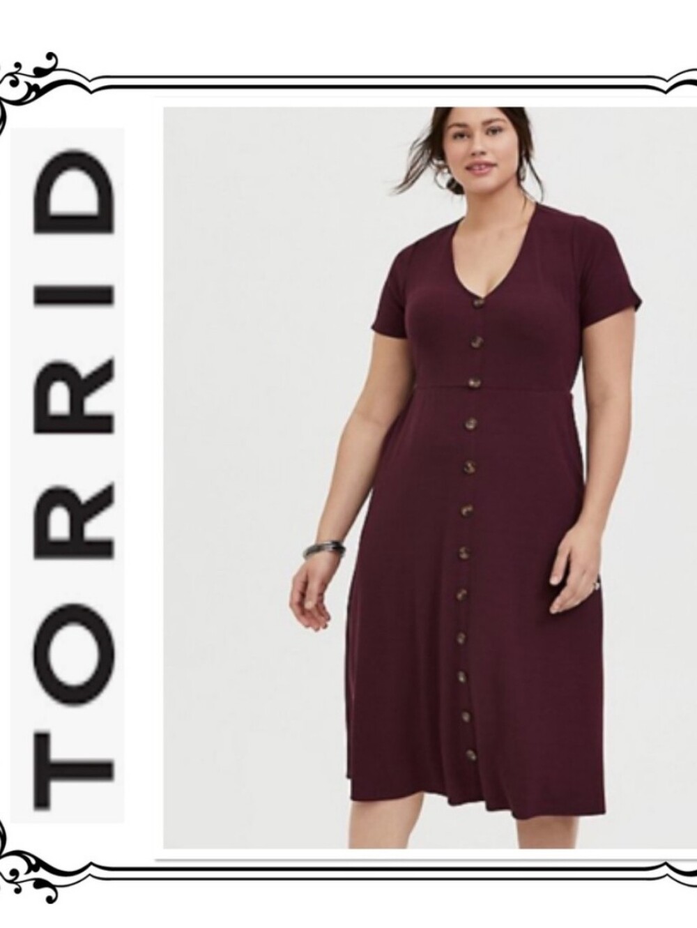 torrid Short-Sleeve Ribbed Midi Dress in Burgundy
